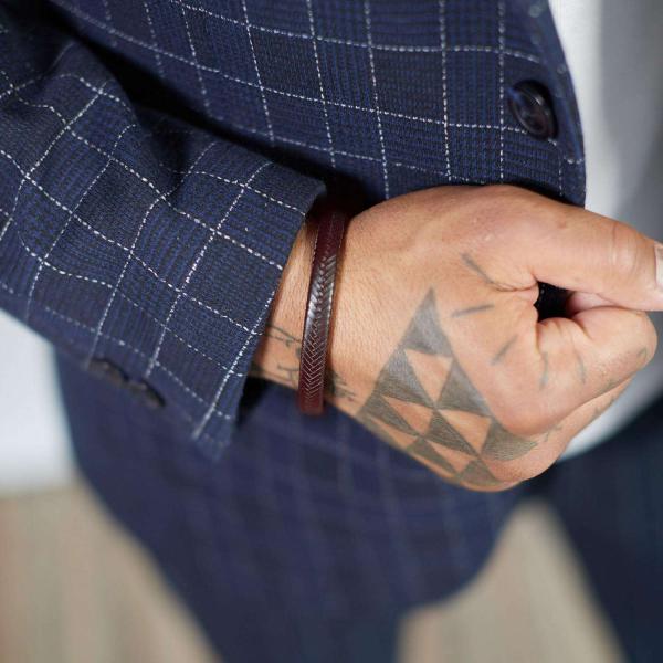 155BRN Amrband silber & leder Heren